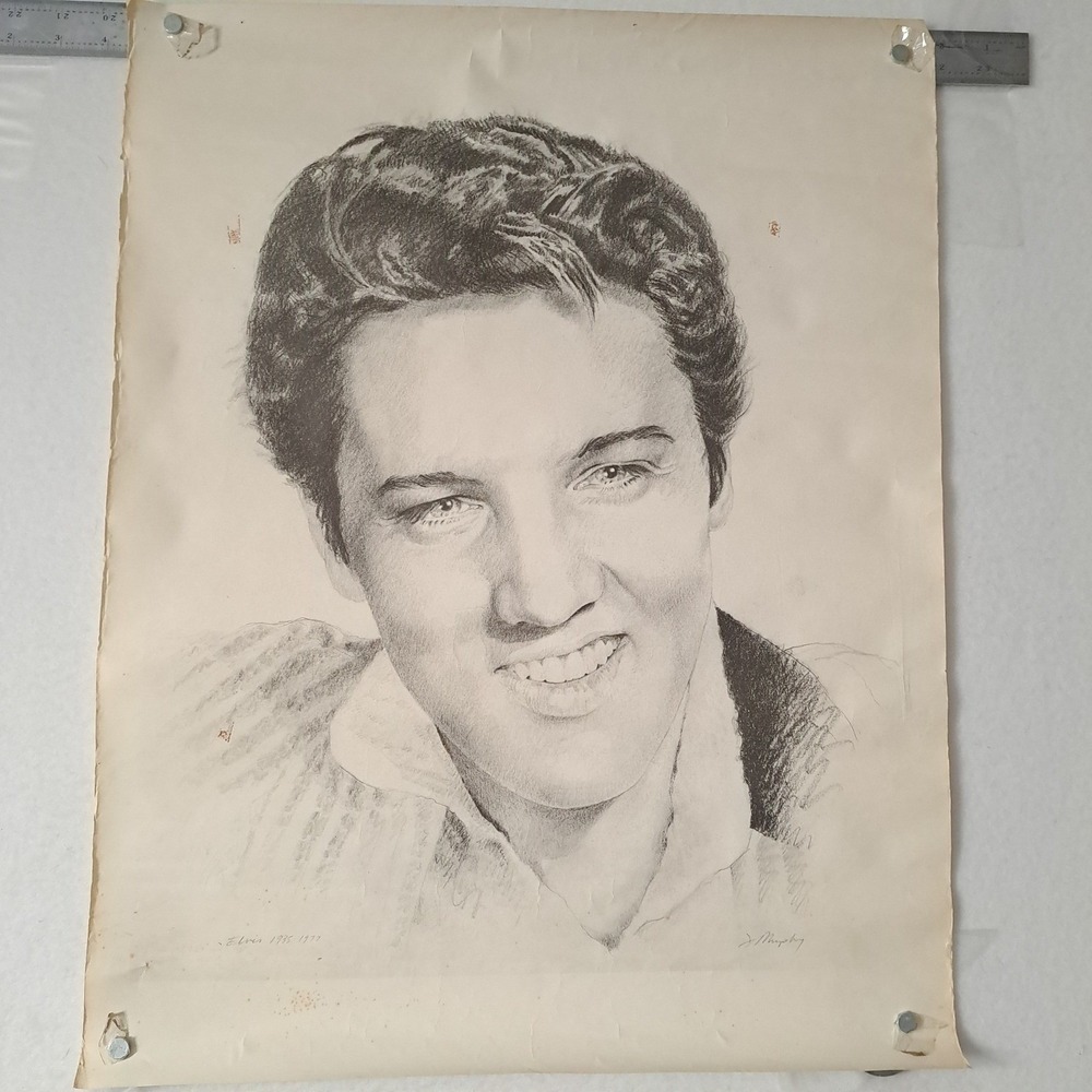 Elvis Presley Pencil Portrait Art Original 17x22 Graphite Signed VTG‎ J.Murphy